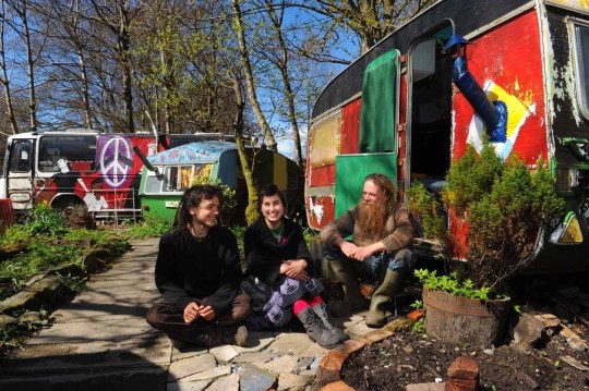Three of the four remaining Faslane Peace Camp residents - Angus Chalmers, Julia Herzog, and Gwilym